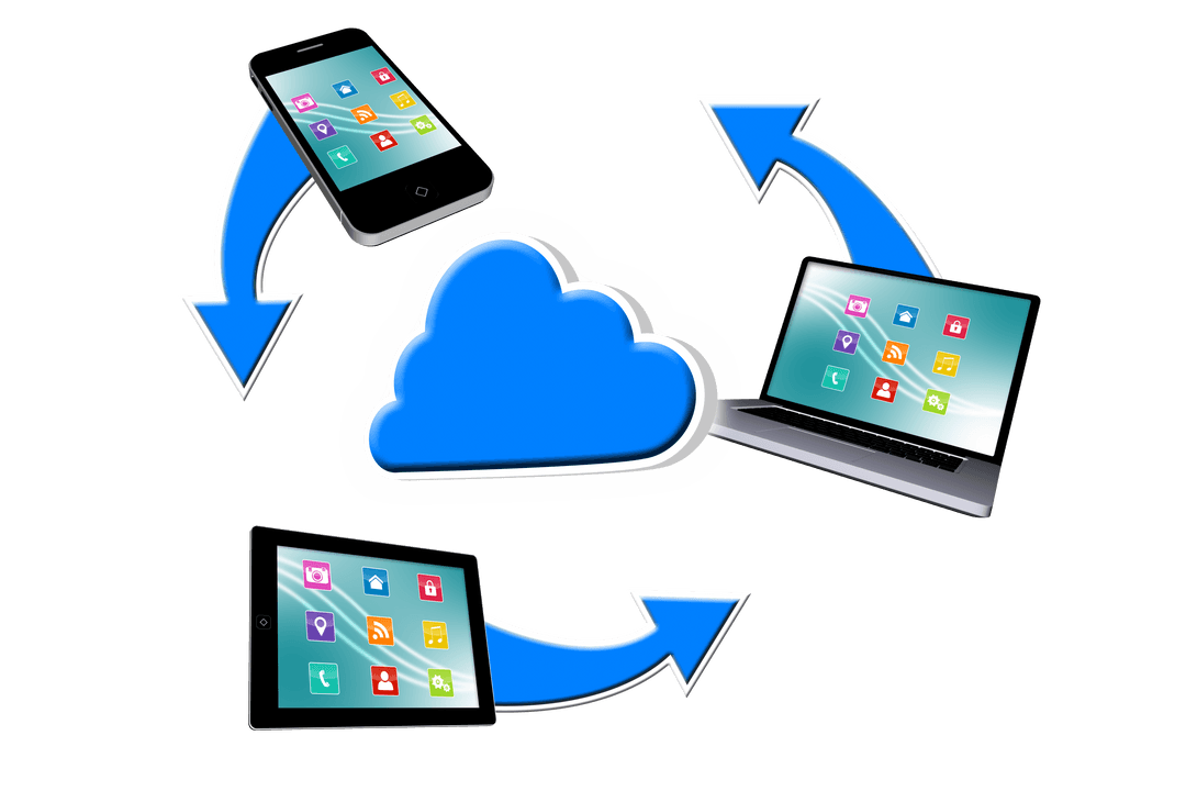 Transparent Illustration of Digital Devices with Cloud Computing Icons