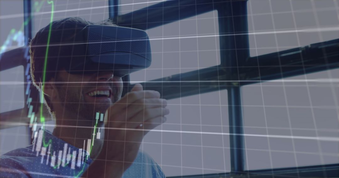 Man Using VR Headset with Financial Stock Data Overlay