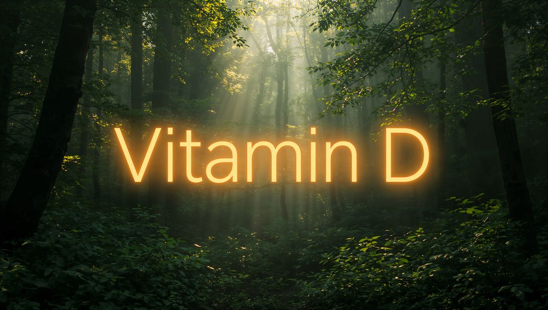Glowing Vitamin D Neon Text Casting Golden Rays over Misty Woodland Canopy