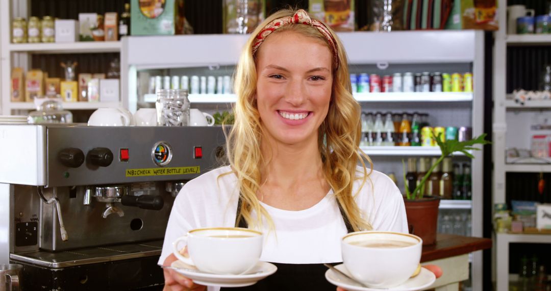 Smiling Female Barista Holding Two Cups of Coffee in Cafe - Free Images, Stock Photos and Pictures on Pikwizard.com