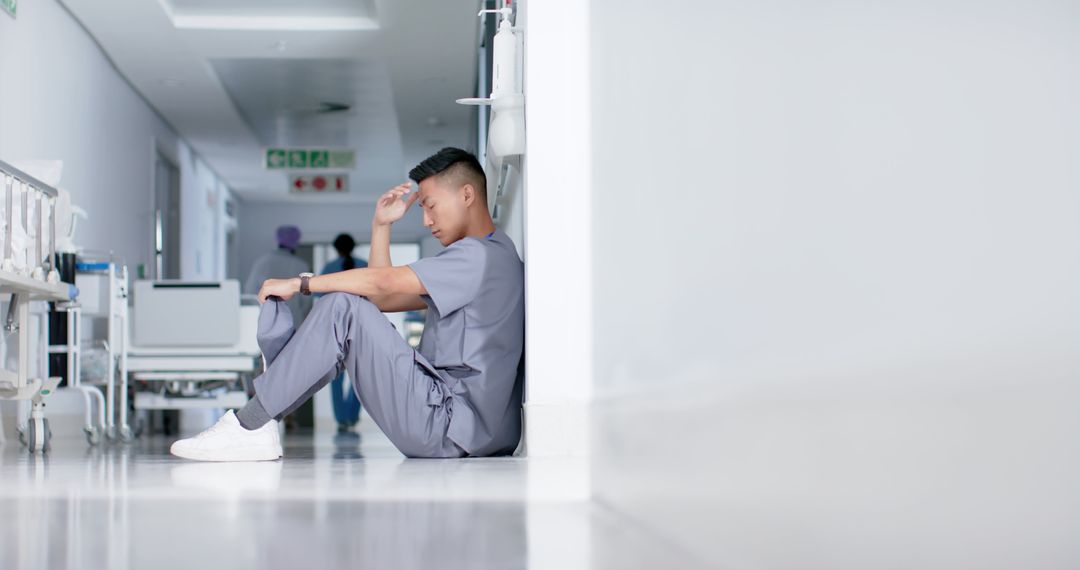 Exhausted Nurse Taking a Break in Hospital Corridor - Free Images, Stock Photos and Pictures on Pikwizard.com