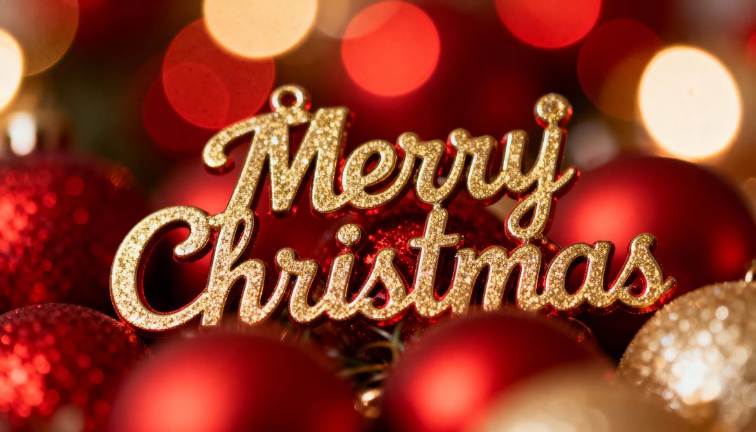 Glittering Gold Merry Christmas Script Ornament Nestled Among Red Baubles with Warm Bokeh