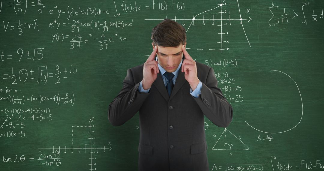 A young man is visibly stressed as he contemplates complex math on a chalkboard. - Free Images, Stock Photos and Pictures on Pikwizard.com