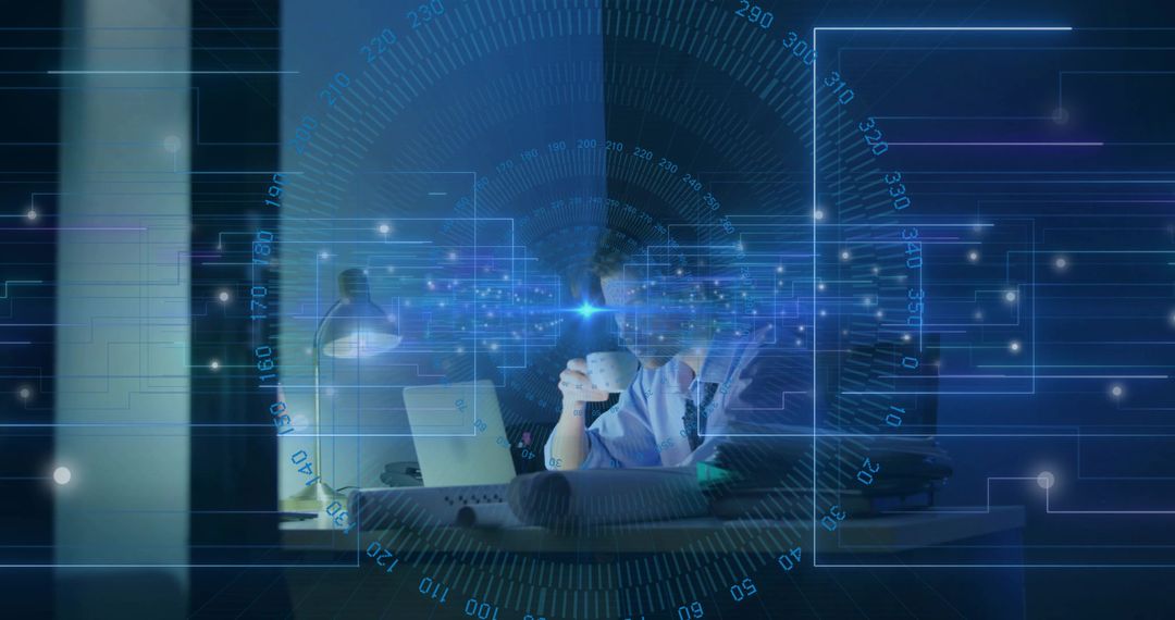 Businessman Analyzing Technology Under Digital Interface in Office at Night