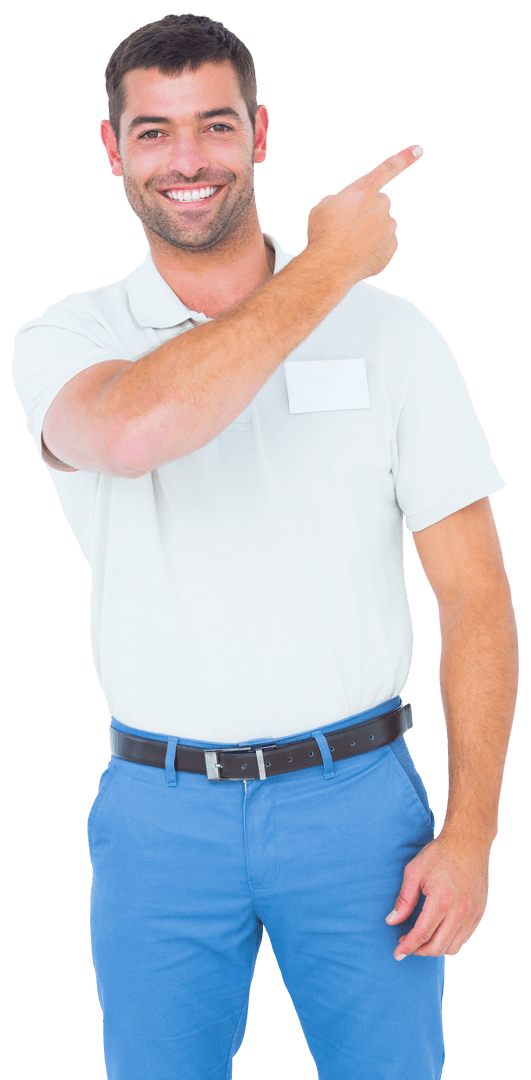 Smiling Man in Casual Attire Pointing with Confidence on Transparent Background
