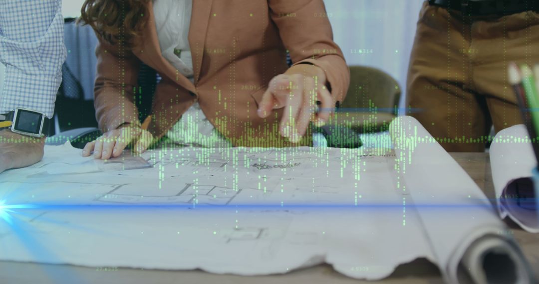 Collaborative Business Meeting with Financial Analysis Overlay