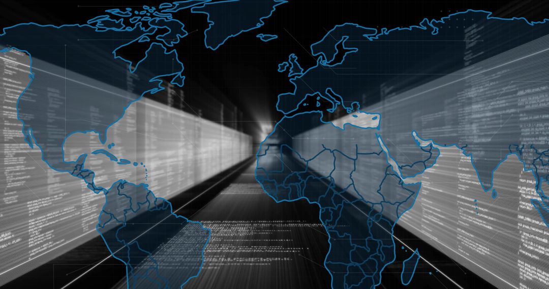 Neon Blue World Map Flowing Through Cyber Data Tunnel