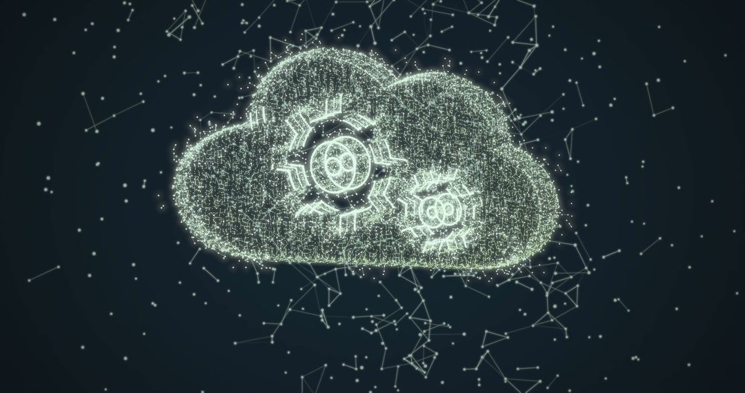 Digital Cloud and Cogs Abstract Interface on Black Background