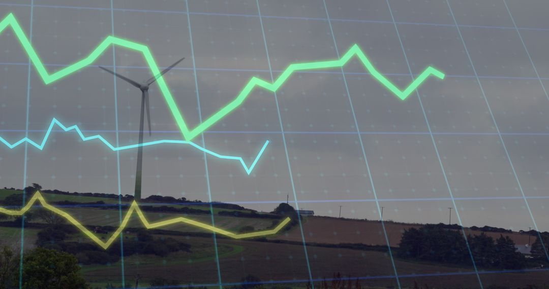 Financial Data Overlay on Windmill Landscape