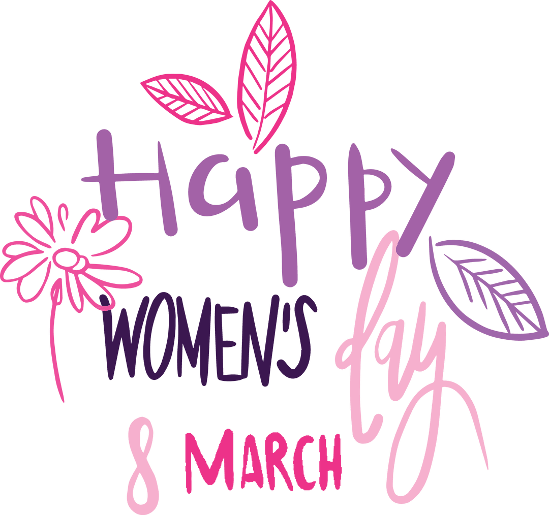 Happy Women's Day March 8 Text with Flower Elements Transparent Background