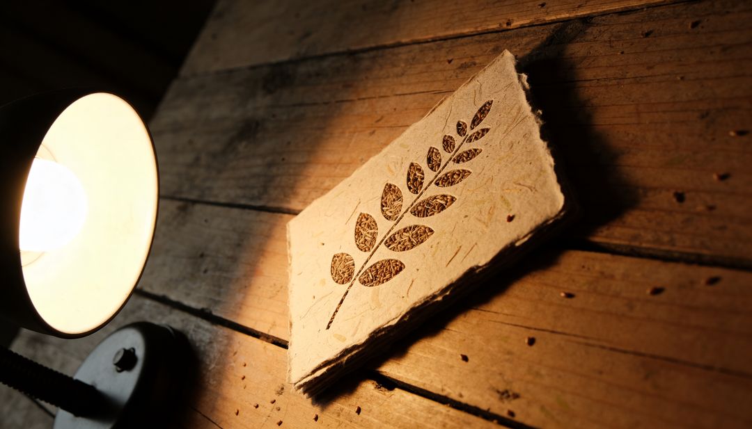 Handmade Deckle-Edge Paper Cards Featuring Pressed Botanical Leaf Glowing under Lamp