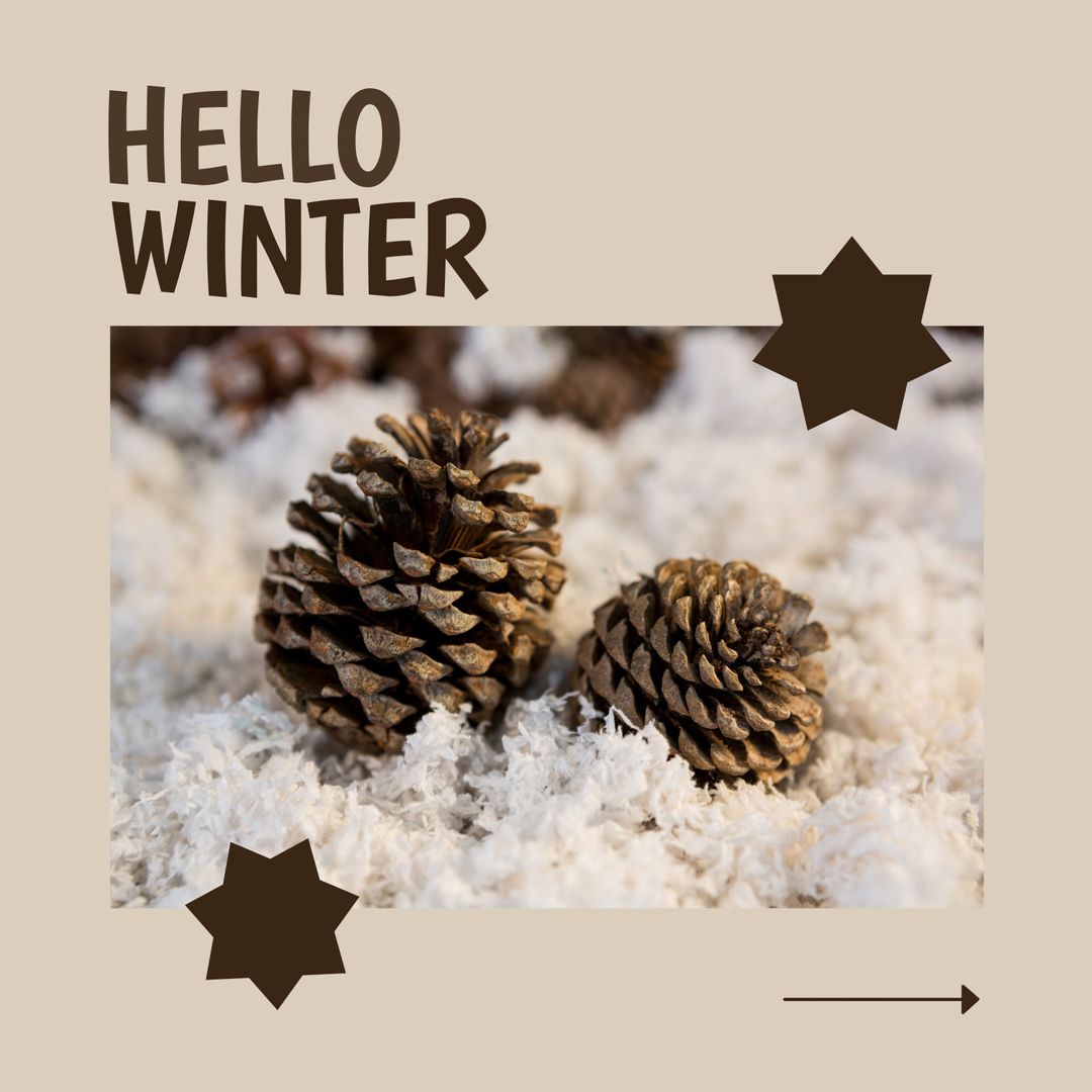 Winter Greeting with Pine Cones on Snowy Background