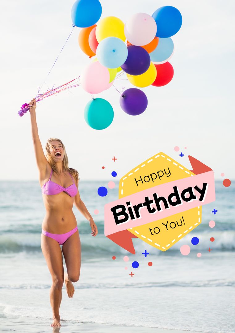 Woman Celebrating Birthday with Balloons on Sunny Beach - Download Free Stock Templates Pikwizard.com