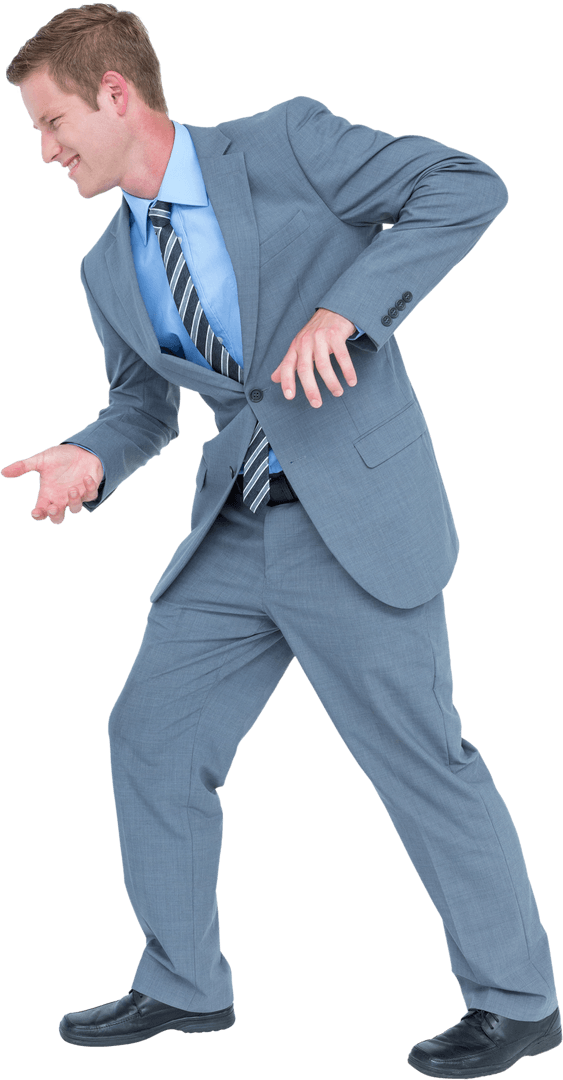 Businessman in Gray Suit Playfully Gesturing on Transparent Background