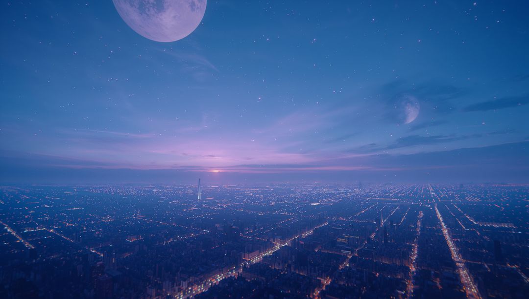 Futuristic City Skyline with Dual Moons at Dusk