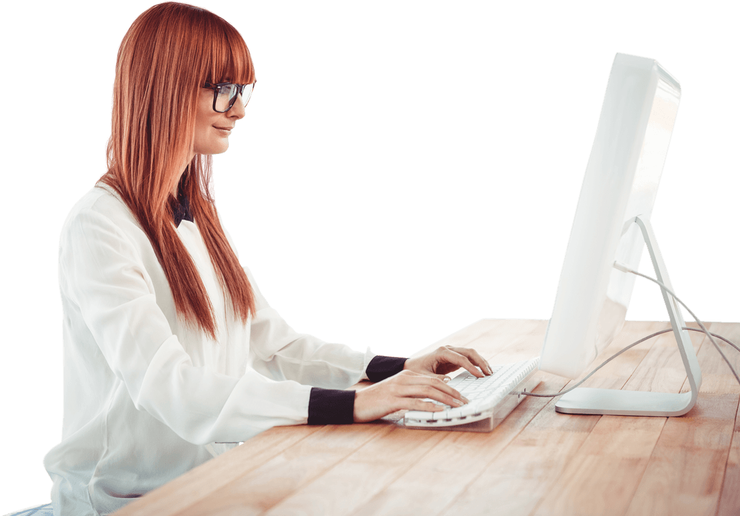 Transparent Hipster Woman Working on Computer at Wooden Desk