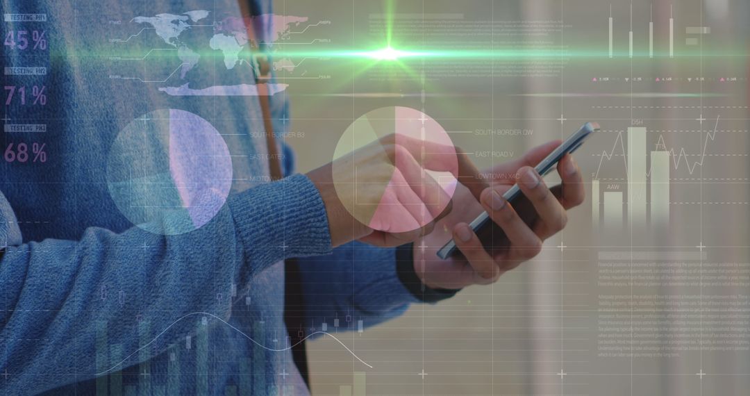 Man Using Smartphone with Graphical Financial Overlays