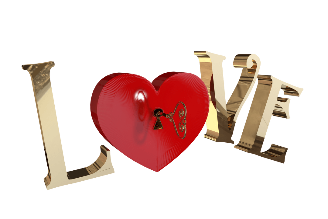 Gold Love Text with Heart Lock and Key on Transparent Background