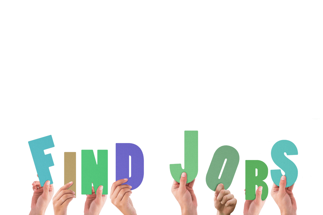 Transparent Hands Holding Find Jobs Displayed in Colorful Letters