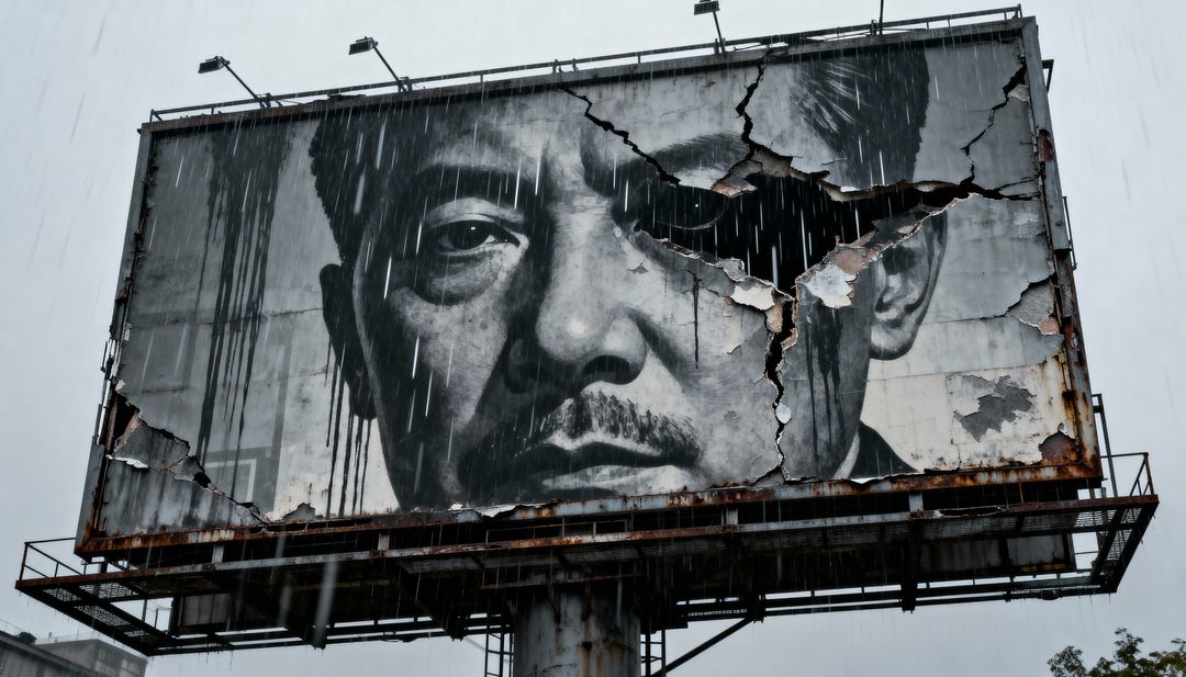 Peeling billboard portrait revealing weathered man's face in pouring rain and rusted urban decay
