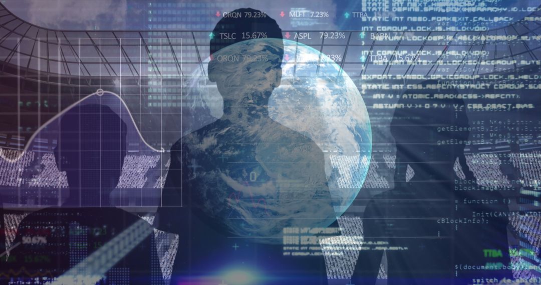 Silhouette Over Globe with Stock Market Data