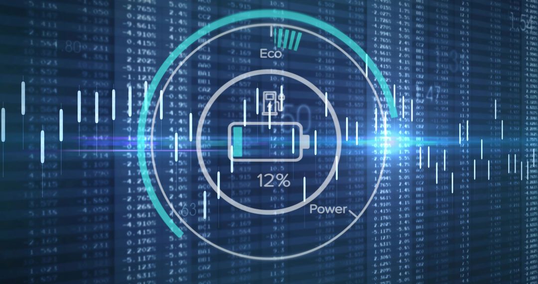 Futuristic Circular Battery Gauge 12% Eco Power UI Dashboard Neon Cyan Analytics