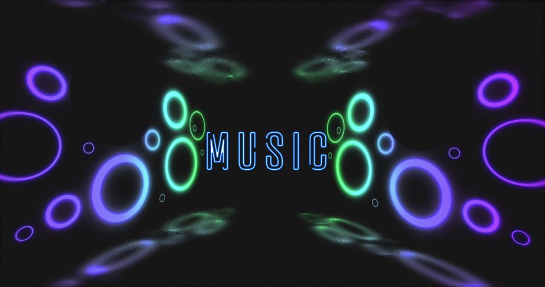 Neon Circular Patterns with Music Text on Black Background