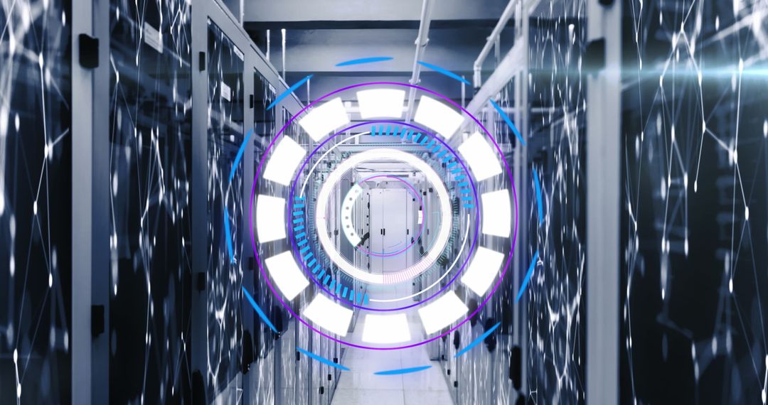 Digital Interface Concept with Server Room and Scanning Overlay