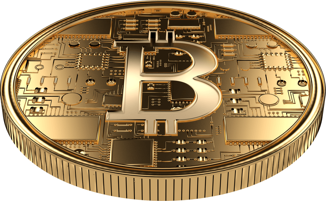 Golden Bitcoin Coin on Transparent Technology Background