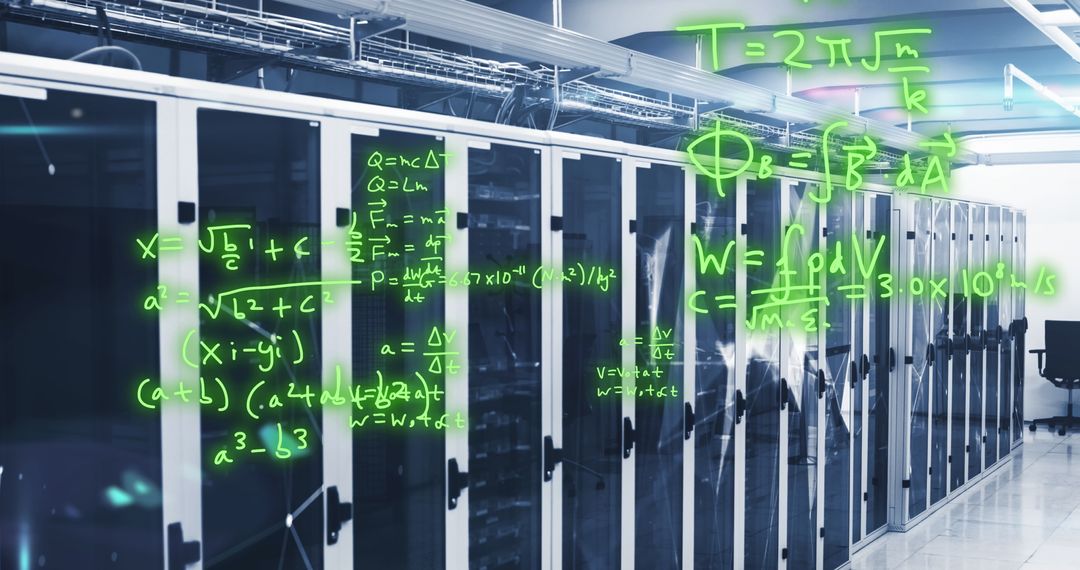 Mathematical Equations Floating Over Modern Data Center