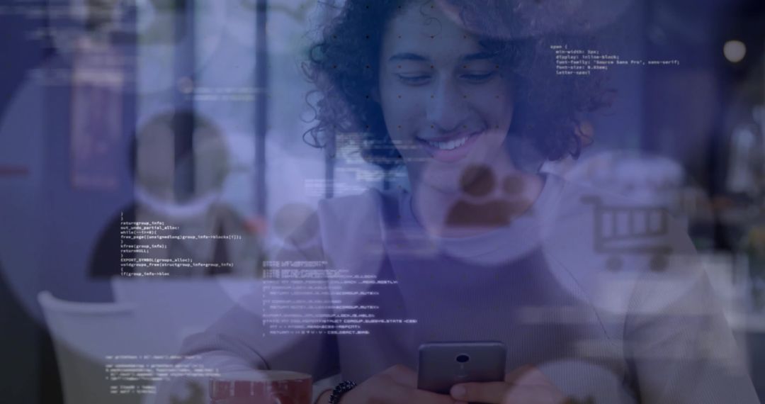 Smiling Young Man with Smart Phone and Financial Data Overlay