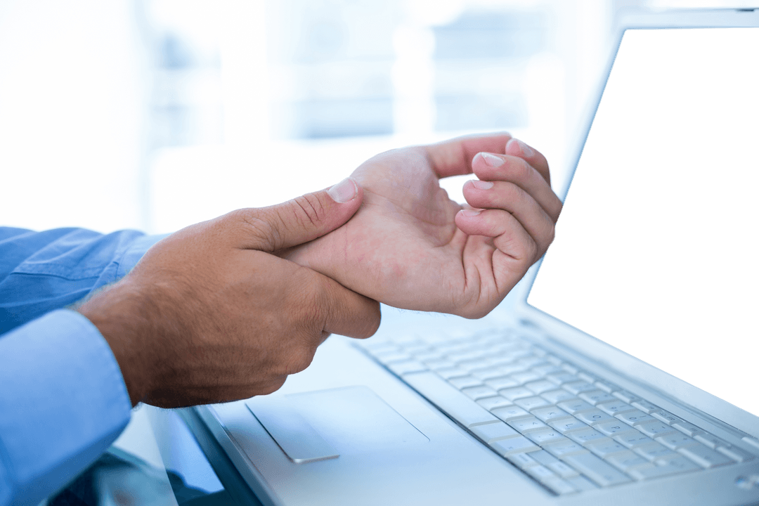 Businessman Experiencing Wrist Pain by Transparent Laptop Screen