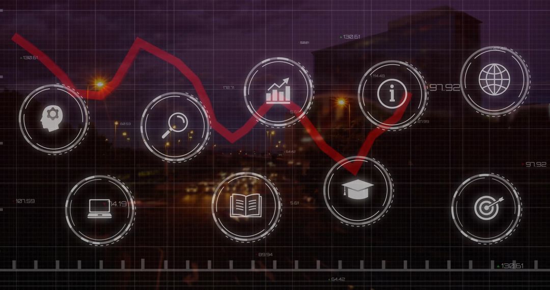 Digital Chart with Business Icons Overlay on Cityscape