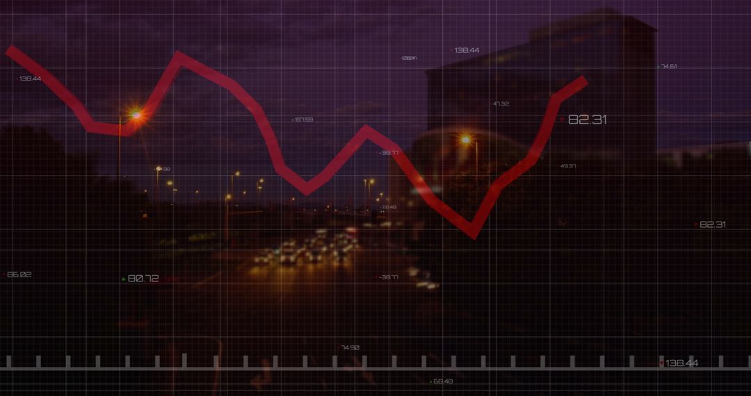 Financial Data Overlaid on Night Cityscape with Red Trend Line
