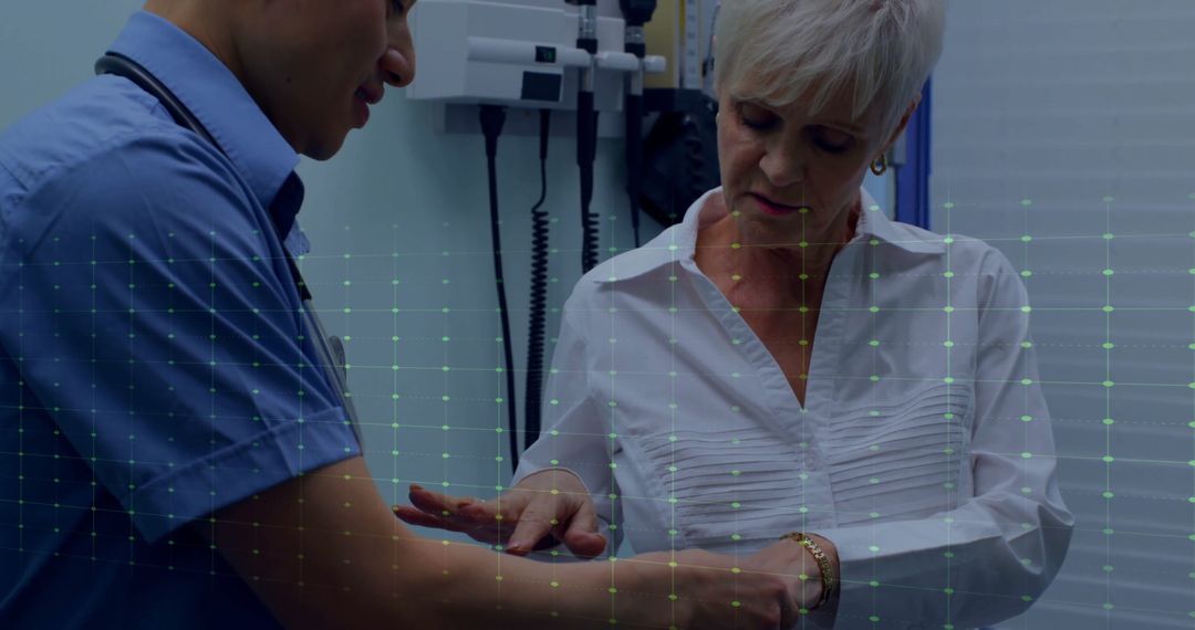 Digital Cardiograph Overlay on Doctor Examining Patient