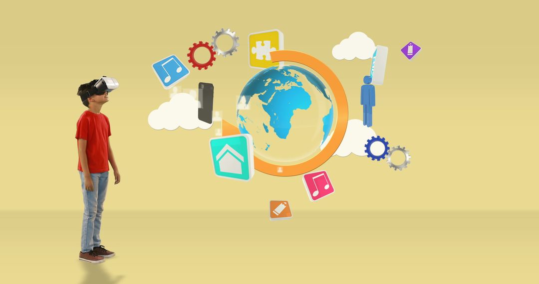 Boy Exploring Virtual Reality with Floating Digital Icons