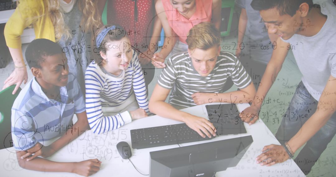 Diverse Students Collaborating on STEM Project with Overlapping Equations