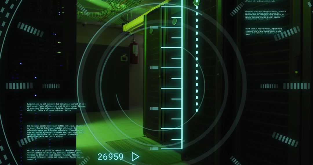 Futuristic Digital Interface in High-Tech Server Room