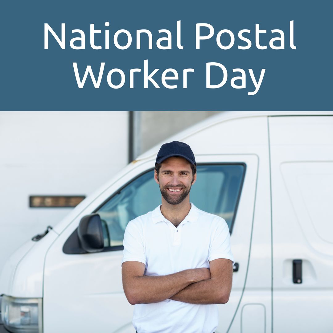 Celebrating National Postal Worker Day with delivery man in front of van - Download Free Stock Templates Pikwizard.com