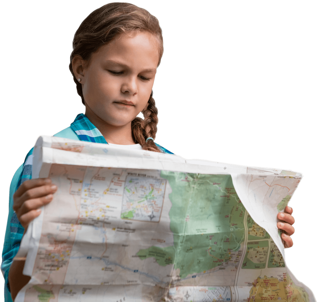 Curious Girl Examining Map on Transparent Background