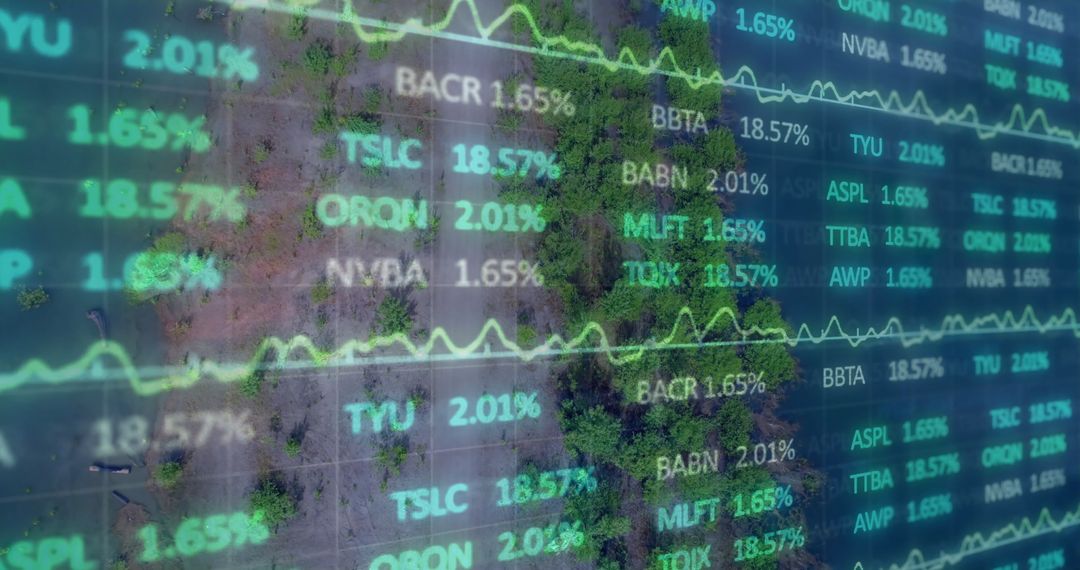 Digital Stock Market Data Overlaying Natural Landscape