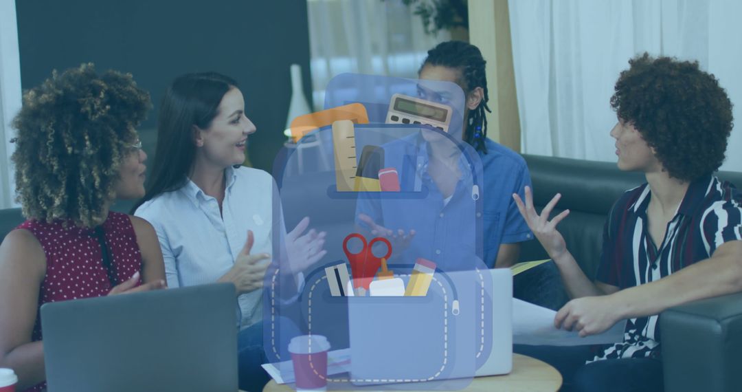 Overlay of School Backpack Icon on Office Meeting Scene