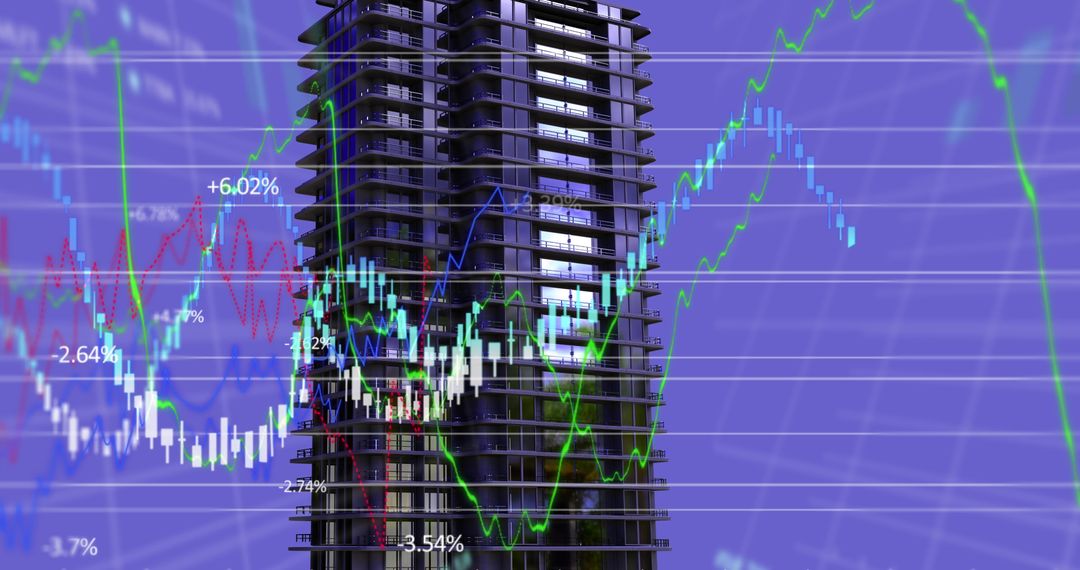 Digital Data Overlay on City Skyline with Financial Graphs