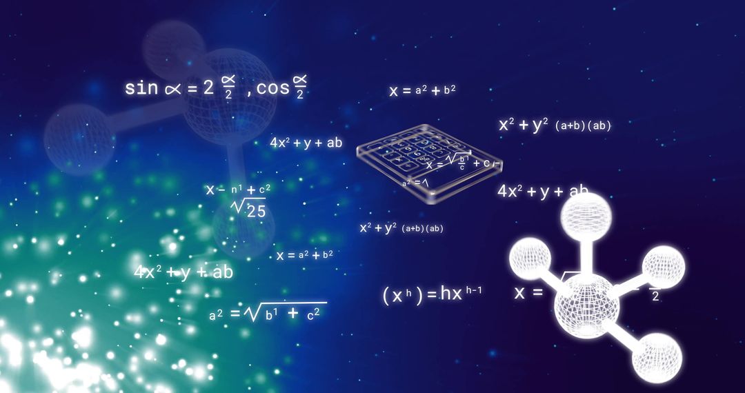 Abstract Mathematics and Science Concepts with Equations and Molecule Structure