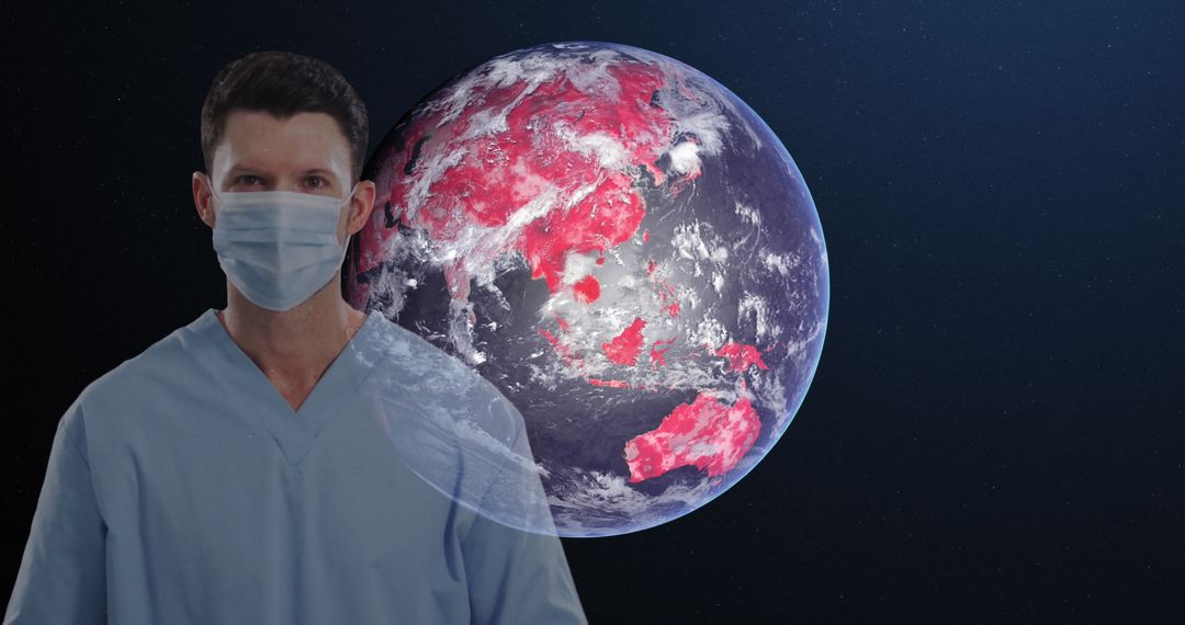 Global Pandemic: Masked Healthcare Worker and COVID-19 World Impact