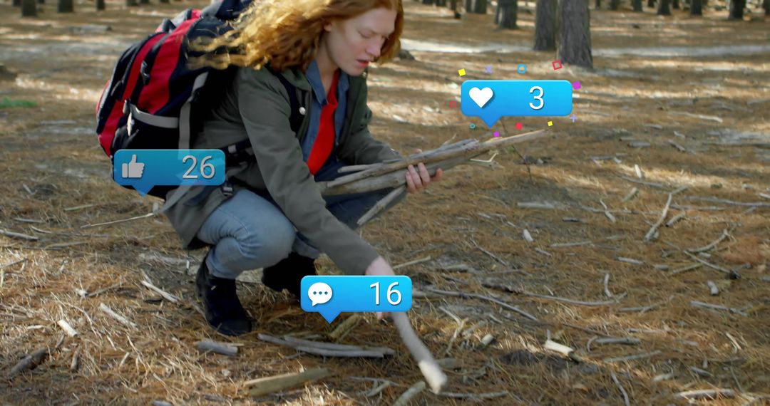 Eco-friendly Hiker Gathering Firewood in Forest Endowed with Digital Interactions