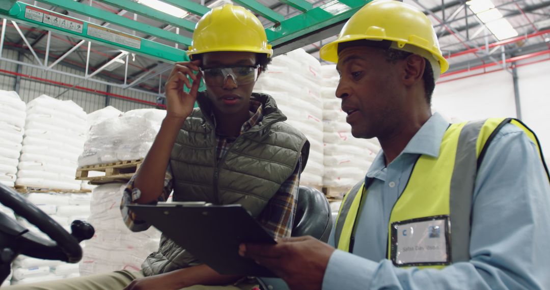 Workers Discussing Logistics with Clipboard in Warehouse - Free Images, Stock Photos and Pictures on Pikwizard.com