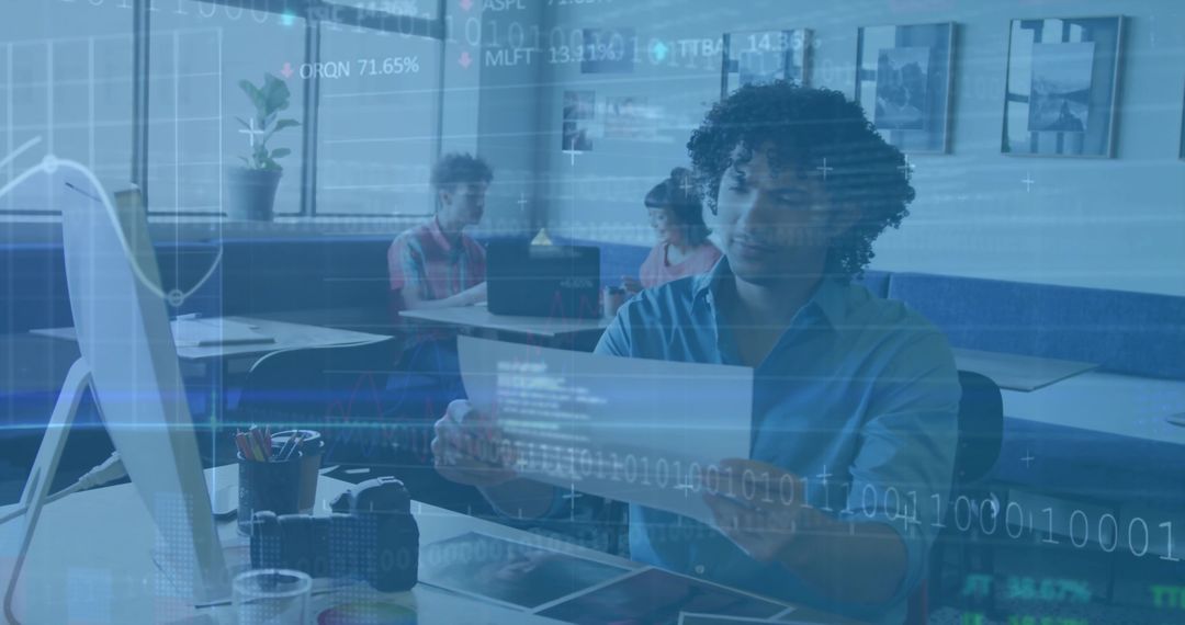 Professional Analyzing Printed Document in Tech Office with Data Overlay