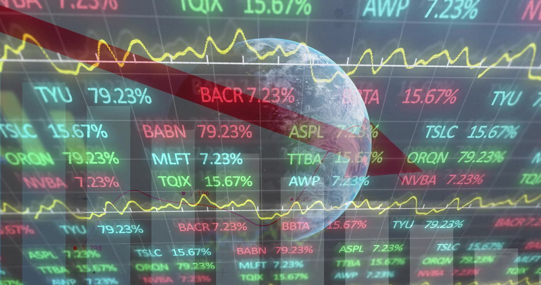 Holographic Earth Overlay on Trading Dashboard Showing Global Market Data and Decline