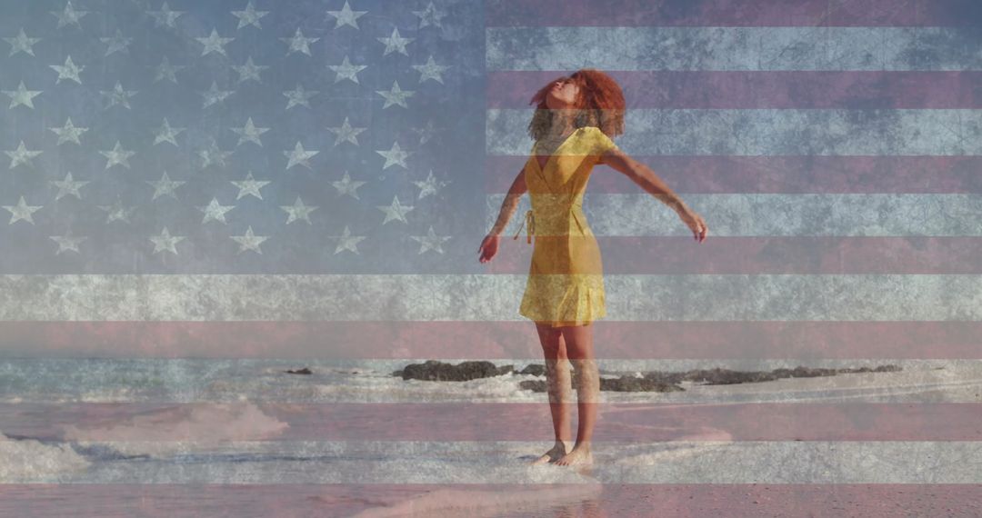 Joyful Woman Embracing Freedom on Beach with Overlay of American Flag